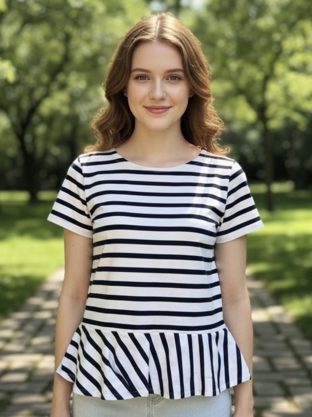 J Crew navy blue white stripe TShirt Size XS cotton peplum short sleeve nautical